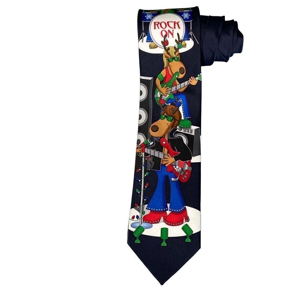 Hallmark Yuletide Greetings Rock On Reindeer Mens Holiday Tie Navy Blue